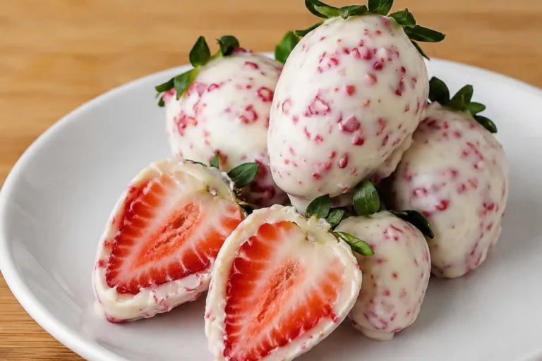 Prato branco com cinco morangos cravejados inteiros e duas metades cortadas, mostrando as camadas: fruta vermelha, brigadeiro branco e casca de chocolate branco com lascas vermelhas.